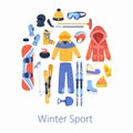 Winter sports accessories vector illustration, round composition poster. Skating, snow board riding, mountain skiing set