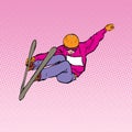 Winter sports. Aerial skiing. Half-pipe, superpipe or slopestyle. Freestyle skier during a jump