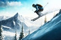 Winter sports athlete making ski jump in snow, generative ai