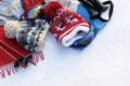 Winter sports background with ski equipment, clothes, white snow copy space Royalty Free Stock Photo