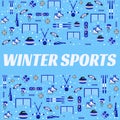 Winter sports background. Sporting equipment vector poster. Ice hockey, skating, skiing, snowboarding, biathlon Royalty Free Stock Photo