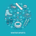 Winter sports banner, equipment rent at ski resort. Vector line