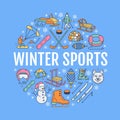 Winter sports banner, equipment rent at ski resort. Vector line