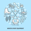 Winter sports banner, equipment rent at ski resort. Vector line icon of skates, hockey sticks, sleds, snowboard, snow