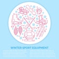 Winter sports banner, equipment rent at ski resort. Vector line icon of skates, hockey sticks, sleds, snowboard, snow