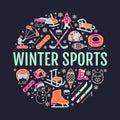 Winter sports banner, equipment rent at ski resort. Vector line icon of skates, hockey sticks, sleds, snowboard, snow Royalty Free Stock Photo