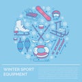 Winter sports banner, equipment rent at ski resort. Vector line icon of skates, hockey sticks, sleds, snowboard, snow