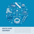 Winter sports banner, equipment rent at ski resort. Vector line icon of skates, hockey sticks, sleds, snowboard, snow