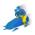 Winter sports - bobsleigh. Cartoon athletes running near bobsled