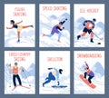 Winter sports cards. Ski and skating, snowboarding and hockey, people on ice rink, track and snow, professional athletes Royalty Free Stock Photo