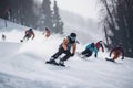 winter sports competition, with skiers and snowboarders racing down the mountain in timed race