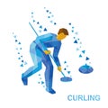 Winter sports - curling. Cartoon player clear way to stone Royalty Free Stock Photo