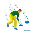 Winter sports - curling. Cartoon player clear way to stone Royalty Free Stock Photo