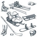 Winter sports equipment design elements. Hand drawn vector sketch illustration. Outdoor leisure activity icons Royalty Free Stock Photo