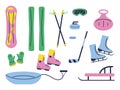 Winter sports equipment. Vector icons with snowboard, skis, gloves, sled, hockey stick. Illustration of accessories for
