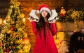 Winter sports. happy little girl hold figure skating skates. new year party celebration. its christmas time. winter Royalty Free Stock Photo