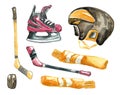 Winter sports. Hockey kit. Hockey helmet, red skates and knee socks with white stripes,