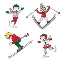 Winter sports, kids skiing and ice skating, isolated, vector illustration on white background