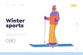 Winter sports in mountain resort advertising landing page template with woman skier character design