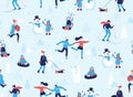 Winter sports outdoors seamless pattern. People having fun and winter activities in the park, skiing, skating Royalty Free Stock Photo