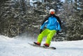 Male snowboarder slides at ski slope