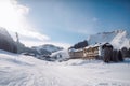 winter sports resort, with view of the slopes and ski lifts, surrounded by mountains