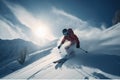 winter sports scene, with skier making graceful downhill run on snowy mountain slope