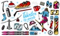 Winter sports season. Vintage Snowboarding and skiing, jumping athlete, mountain cableway, funicular or ropeway, skates