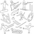 Winter sports. Set of vector illustrations. Doodle style. Collection of sports games. Coloring book for children. Alpine skiing, Royalty Free Stock Photo