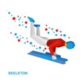 Winter sports - skeleton. Cartoon sportsman jump on sled (bobsled)