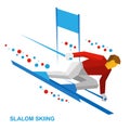 Winter sports - slalom skiing. Sportsman ski slope down. Royalty Free Stock Photo