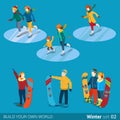 Winter sports snowboarder ice skaters flat isometric vector 3d