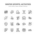 Winter sports vector flat line icons. Outdoor activities equipment snowboard, hockey, sled, skates, snow tubing, ice