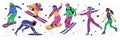 Winter sports. Young sportsmen. Skiers and snowboarders. Ice and snow skating. Cartoon athletes in gear. Bobsledders and