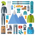 Winter sportswear and equipment icon set. Skiing, snowboarding vector isolated. Ski resort elements in flat design