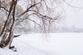 Winter, spring fishing on paid snow covered ice pond,lake in beautiful country club.Catching fish with spinner,bait,net.Fisherman