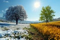 Winter and spring landscape with blue sky. Concept of change season. Royalty Free Stock Photo