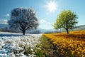 Winter and spring landscape with blue sky. Concept of change season. Royalty Free Stock Photo