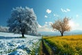 Winter and spring landscape with blue sky. Concept of change season. Royalty Free Stock Photo