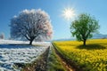 Winter and spring landscape with blue sky. Concept of change season. Royalty Free Stock Photo