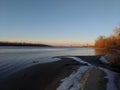 Winter - spring panorama of river with reflections Royalty Free Stock Photo