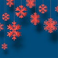 Winter square blue background with coral paper kirigami snowflakes