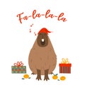 Winter square festive card on white background. Capybara, gift boxes, red hat, musical notes,