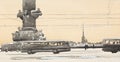 Winter St. Petersburg, Rostral column and Peter and Paul fortress-watercolor drawing
