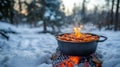 Winter Stew Cooking Over Open Fire In Snowy Woods Royalty Free Stock Photo