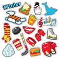 Winter Stickers, Badges, Patches Decoration Set with Snowman, Hockey and Sled