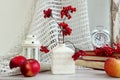 Winter still life: a bouquet of viburnum branches with red berries in a square vase, red apples nearby, a stack of books, a clock Royalty Free Stock Photo