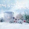 Winter still life in snow and golden bokeh