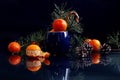 Winter still life: tangerines in a blue mug with a pine branch and caramel, tangerines are scattered nearby, pine branches on a Royalty Free Stock Photo