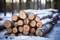 Winter stockpile Sawn pine tree trunks in a snowy forest